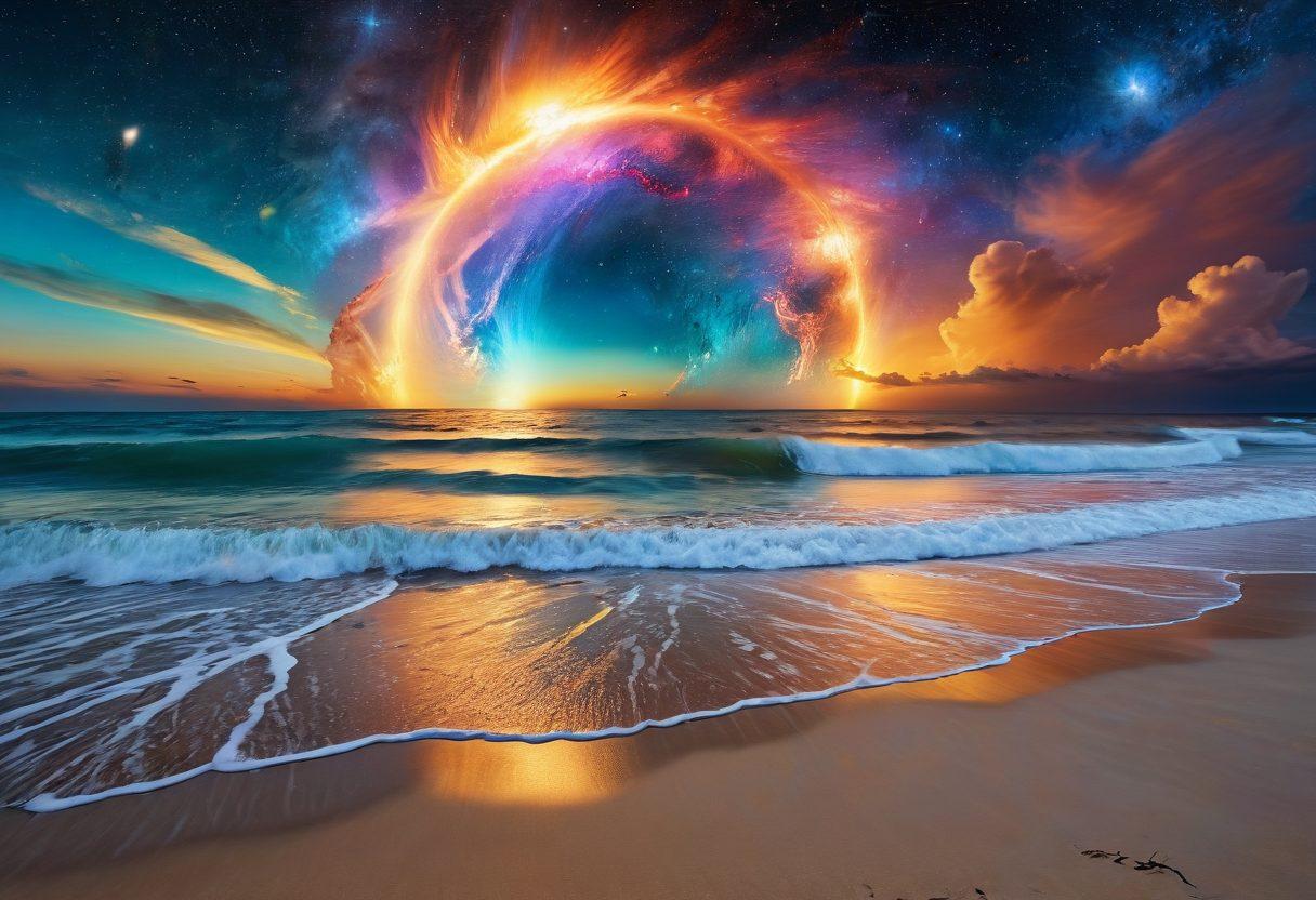 A stunning collage depicting the cosmic Helix Nebula transitioning seamlessly into a vibrant seaside scene with fashionable summer swimwear designs. Models adorned in colorful swimsuits enjoy the sun on a sandy beach, with celestial elements in the sky blending into the ocean waves. Incorporate bright colors and playful patterns to evoke a sense of summer joy and creativity. The overall composition should celebrate both the beauty of space and the essence of summer fashion. vibrant colors. super-realistic.